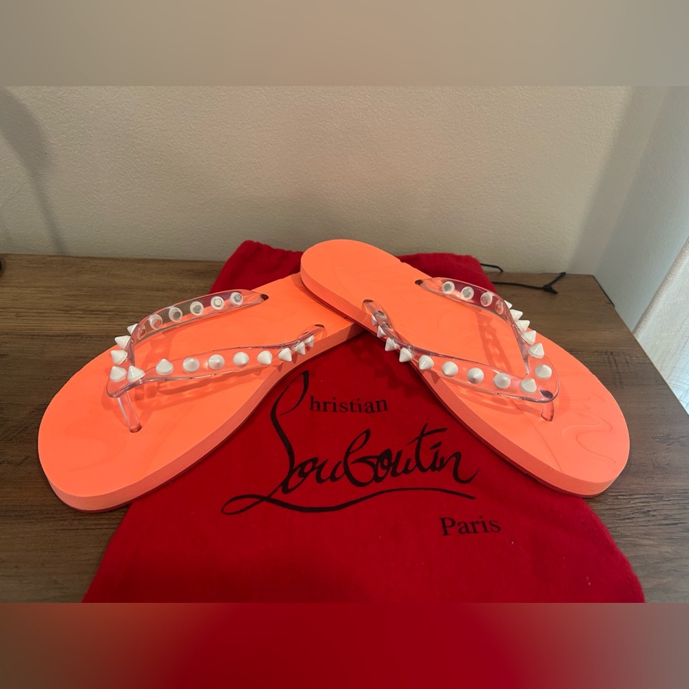 Christian Louboutin Neon Orange Studded Jelly Flip Flops